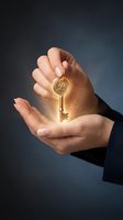 Businessman hands holding glowing golden key with magical light effects symbolizing success, opportunity, and achievement in corporate environment.