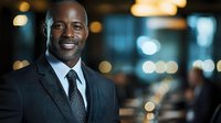 Professional African American businessman in dark suit smiling confidently in modern office environment with warm bokeh lighting for corporate presentations.
