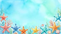 Watercolor ocean frame with colorful starfish, coral, seaweed and shells creating border on turquoise blue background for summer marine design projects.