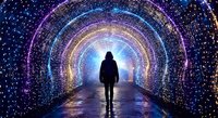 Person walking through illuminated tunnel with colorful LED lights creating magical portal effect for spiritual journey and transformation concepts.
