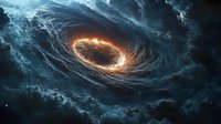 Cosmic spiral formation with glowing orange energy ring surrounded by swirling dark blue nebula clouds in deep space, creating dramatic celestial atmosphere.