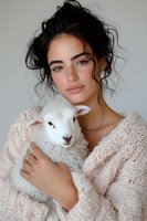 Young woman with dark messy updo wearing cozy knit sweater holds white lamb, creating tender spring moment against light background. Natural makeup and soft lighting enhance mood.