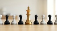 Golden chess king piece standing prominently among black and white pawns on wooden board, symbolizing leadership and strategic thinking in business.