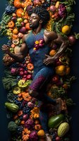 Young athletic African American man in patterned bodysuit lying among colorful fresh fruits, vegetables and flowers creating dramatic artistic composition on dark background.