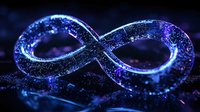 Glowing infinity symbol with sparkling particles in deep blue and purple colors against dark background, mystical cosmic effect for spiritual designs.