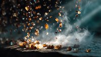 Glowing embers and sparks flying from burning coals with dramatic smoke against dark background creating magical fire effect for cooking concepts.