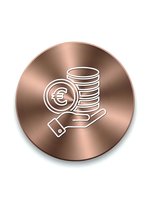 Copper metallic circular icon featuring hand holding euro coins stack, representing financial services, banking solutions, and money management concepts.