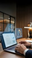 Professional lawyer working on laptop with labor law and legal advisory digital icons in modern office environment for business consulting services.