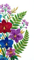 Colorful embroidered floral design with vibrant flowers and ferns on white background, isolated for textile and craft projects.