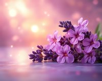 Fresh purple lavender and pink spring flowers on reflective surface with soft bokeh background in romantic pink tones. Suitable for spa and wellness design.