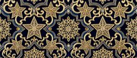 Elegant seamless pattern with golden stars and ornate flourishes on dark background. Luxury decorative design for wallpaper, textile, wrapping paper.
