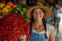 Young Hispanic female farmer in straw hat and denim overalls smiling while holding fresh red chili peppers at local market, representing sustainable agriculture.