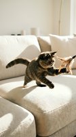 Adorable tabby kitten playing with feather toy on beige sofa in bright living room. Playful pet enjoying interactive playtime at home.