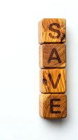 Wooden alphabet blocks spelling SAVE stacked vertically on white background for financial planning and money saving concepts.