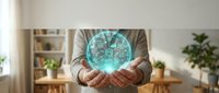Young adult male holding glowing digital globe with network connections, representing global technology, internet connectivity, and worldwide business communication in modern office environment.