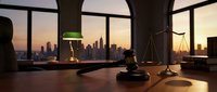 Law office interior with gavel and scales of justice on wooden desk overlooking city skyline at sunset. Legal consultation and attorney services concept.