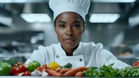 African American female chef in white uniform and hat smiling confidently in professional kitchen with fresh vegetables and produce arranged in foreground, representing culinary expertise.