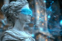 Classical marble statue with glowing blue light effect across eyes, surrounded by magical ethereal particles and bokeh lights in dark atmosphere.