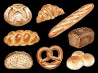 Assorted fresh baked bread collection isolated on transparent background. Includes croissant, baguette, pretzel, rolls, and loaves. Ready for bakery designs, menus, t-shirts, and print-on-demand products.