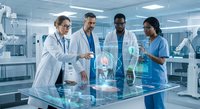 Medical team analyzing holographic brain scan data in modern hospital laboratory with advanced diagnostic technology for neurological research.
