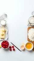 Fresh baking ingredients arranged on white background with flour, milk, butter, eggs, raspberries and vanilla bean for homemade dessert preparation.