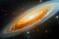 Majestic spiral galaxy with glowing orange and blue hues against dark space background, showcasing cosmic dust lanes and bright stellar formations in deep space.