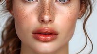 Close up portrait of young Caucasian woman with natural freckles, coral lipstick, and blue eyes against light background. Fresh natural beauty makeup look.