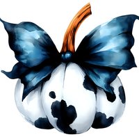 White pumpkin with navy blue butterfly wings and dark spots, watercolor style artwork on isolated background for seasonal fall and Halloween designs.
