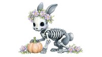 Cute skeleton bunny with floral crown and pumpkin on white background, watercolor style gothic art for seasonal decor and stationery design.