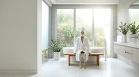Mature woman with light skin tone, blonde hair, wearing casual beige clothing, sitting on wooden bench in bright minimalist spa or wellness interior with potted plants and large windows overlooking garden, conveying relaxation and serenity.
