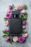 Black perfume bottle surrounded by fresh pink and purple roses with green leaves on gray concrete background, elegant fragrance composition.