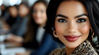 Young Asian businesswoman with red lipstick and confident smile in professional office setting, wearing elegant leopard print blouse. Blurred colleagues in background.