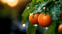 Fresh ripe cherry tomatoes with water drops on green leaves, natural bokeh background with golden sunlight, macro photography for food and garden themes.