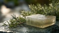 Natural handmade soap bar with rosemary herbs on stone surface for organic skincare and spa treatments in sunlight.