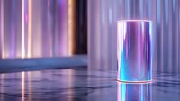 Glowing neon cylinder on reflective surface with purple and blue lighting effects creates futuristic atmosphere for technology and innovation concepts.