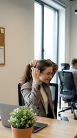 Stressed businesswoman holding head in hands at modern office desk with laptop experiencing work pressure and mental fatigue during busy workday.