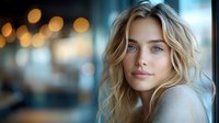 Young blonde woman with blue eyes and wavy hair in soft lighting with bokeh background, creating atmospheric portrait for beauty or lifestyle content.