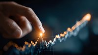 Business growth concept with hand touching glowing financial chart showing upward trend and success metrics for investment analysis and market performance.