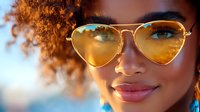 Young African American woman with natural curly hair wearing heart-shaped yellow sunglasses reflecting sunset sky, smiling confidently in warm evening light.
