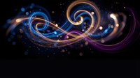 Abstract cosmic swirls with glowing particles and light trails on dark background for digital art projects and creative designs.