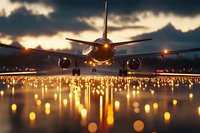 Commercial airplane on illuminated runway at sunset with dramatic sky and golden lights reflecting on wet tarmac creating atmospheric aviation scene for travel concepts.