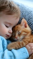 Peaceful nap time moment as young child and ginger cat sleep together on cozy knitted blanket, showcasing pure innocence and companionship between pets and children.