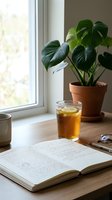 Monstera plant in terracotta pot beside window with open notebook, pen, and glass of tea on wooden desk for workspace and home office styling.