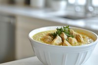 Creamy chicken soup with tender meat pieces, diced potatoes, and fresh herbs garnish served in white ceramic bowl against blurred kitchen background.