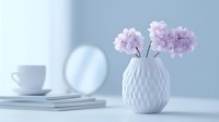 Delicate pink hydrangea flowers in white geometric textured vase on light background with coffee cup and plates, creating serene minimalist composition.