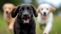 Happy black Labrador retriever running with other dogs in background, shallow depth of field portrait showing joyful expression and floppy ears outdoors in nature.