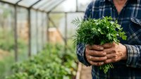 Mature male farmer in blue plaid shirt holding fresh green seedling in greenhouse with blurred plants background, suitable for agriculture and gardening content.