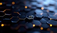 Dark metallic hexagonal pattern with glowing orange lights and reflective surface creates futuristic technological background for business or science presentations.