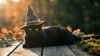 Black cat wearing witch hat with glowing green eyes lying on wooden deck surrounded by autumn leaves during golden hour sunset light.