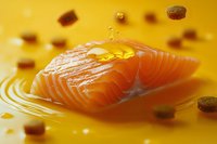 Fresh raw salmon fillet with olive oil drops and scattered capers on vibrant yellow background, macro food photography for restaurant menu and culinary design.